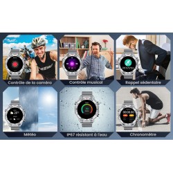 Smart Watch Montre Connectée Homme 1.42"- IOS et Android - Grise métal avec 2 Bracelets - NEUVE